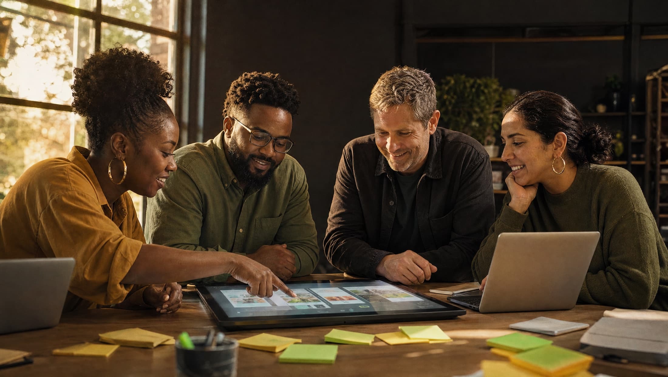 Nonprofit leaders collaborating around a touchscreen reviewing a community app