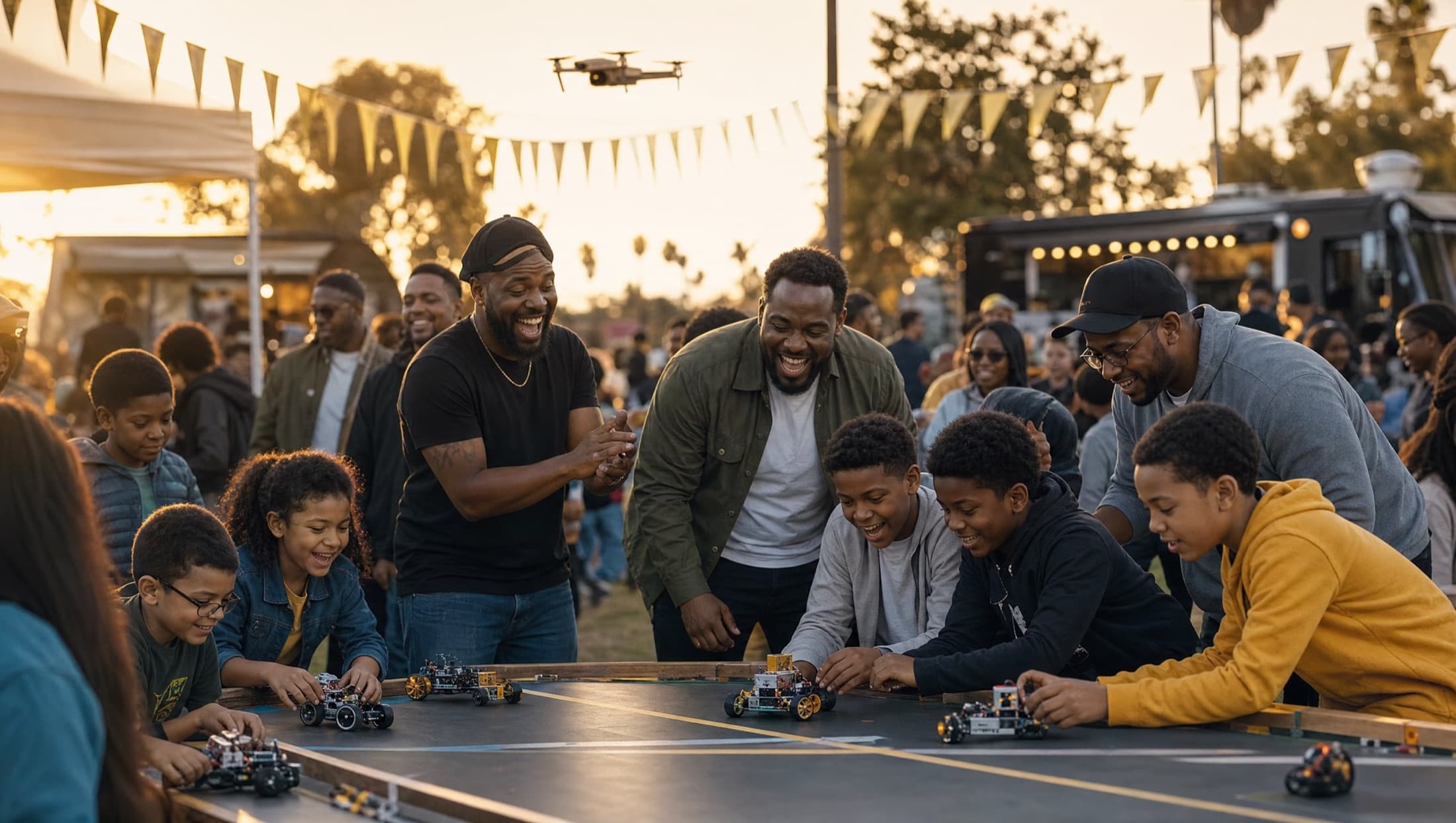Families at a community STEM festival at golden hour, kids racing robots while fathers cheer