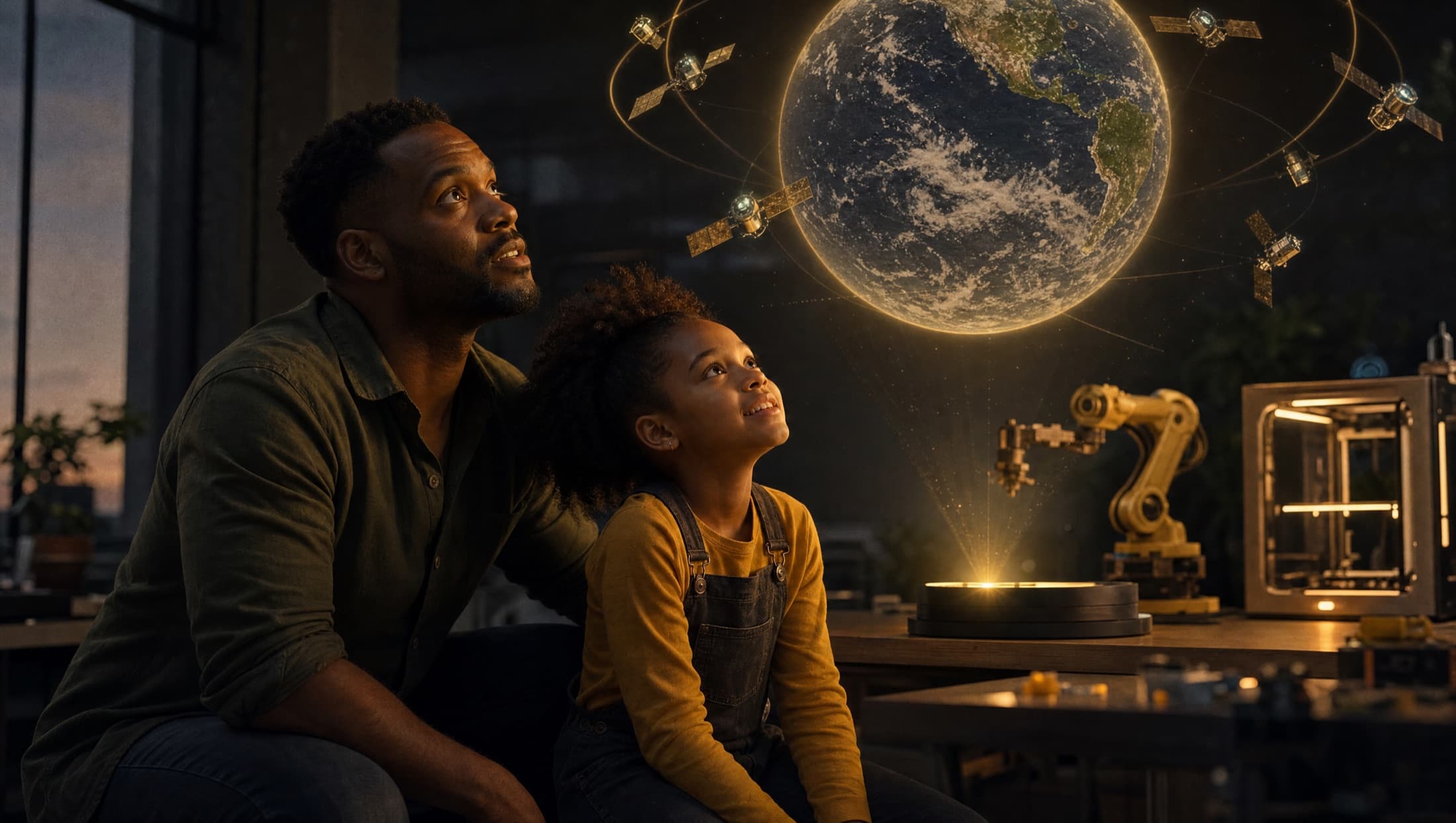 A father and daughter looking up at a glowing hologram of Earth and its satellites