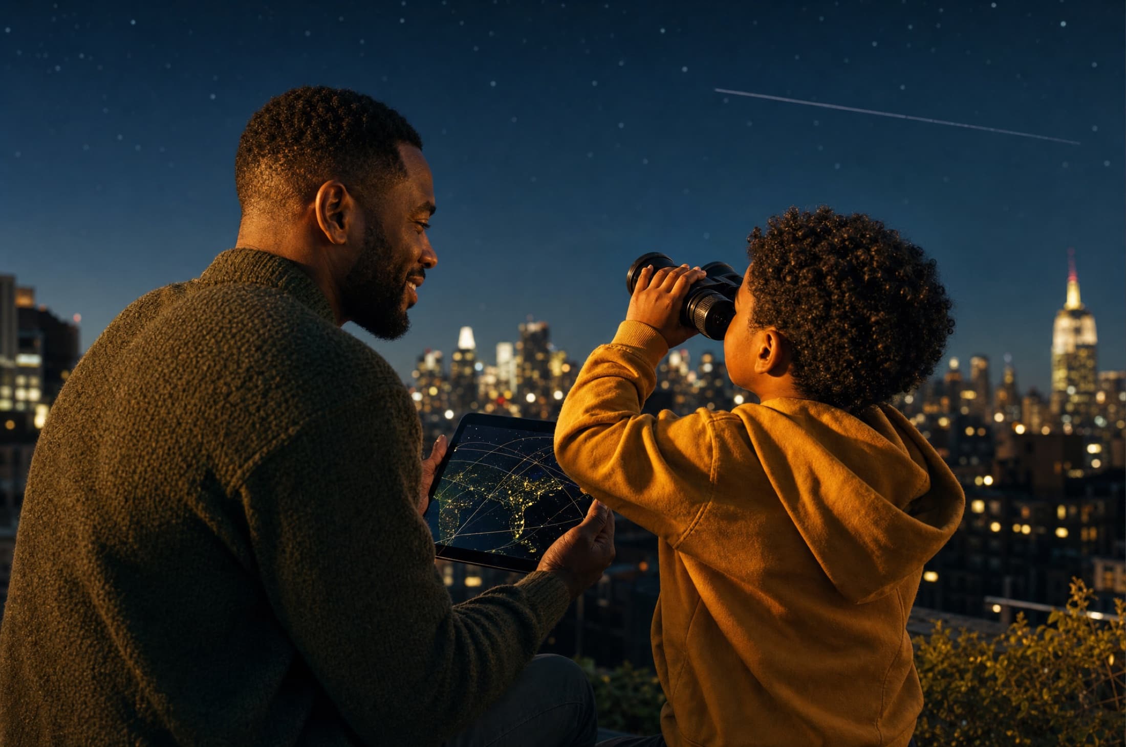 A father and son on a rooftop at twilight tracking satellites with a tablet